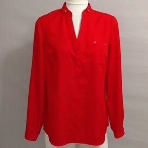 Red Blouse V neck Unusual Band Collar Business Casual Bright Cherry Red NWT